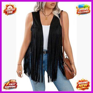 Plus Size Vintage Western Fringe Jacket Boho Sleeveless Outerwear